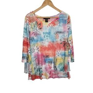 Ali Miles Knit Abstract Print Round Neck 3/4 Sleeve Medium